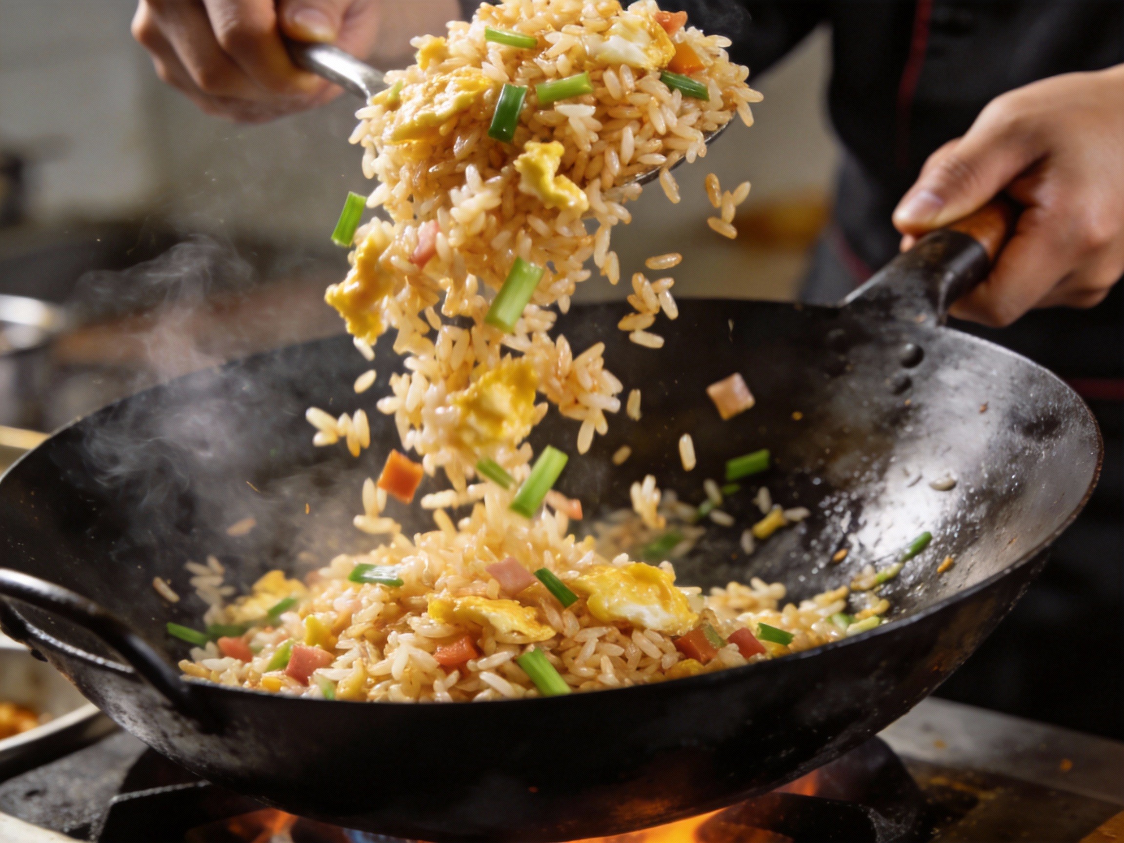 Fried rice being tossed in wok with egg and vegetables