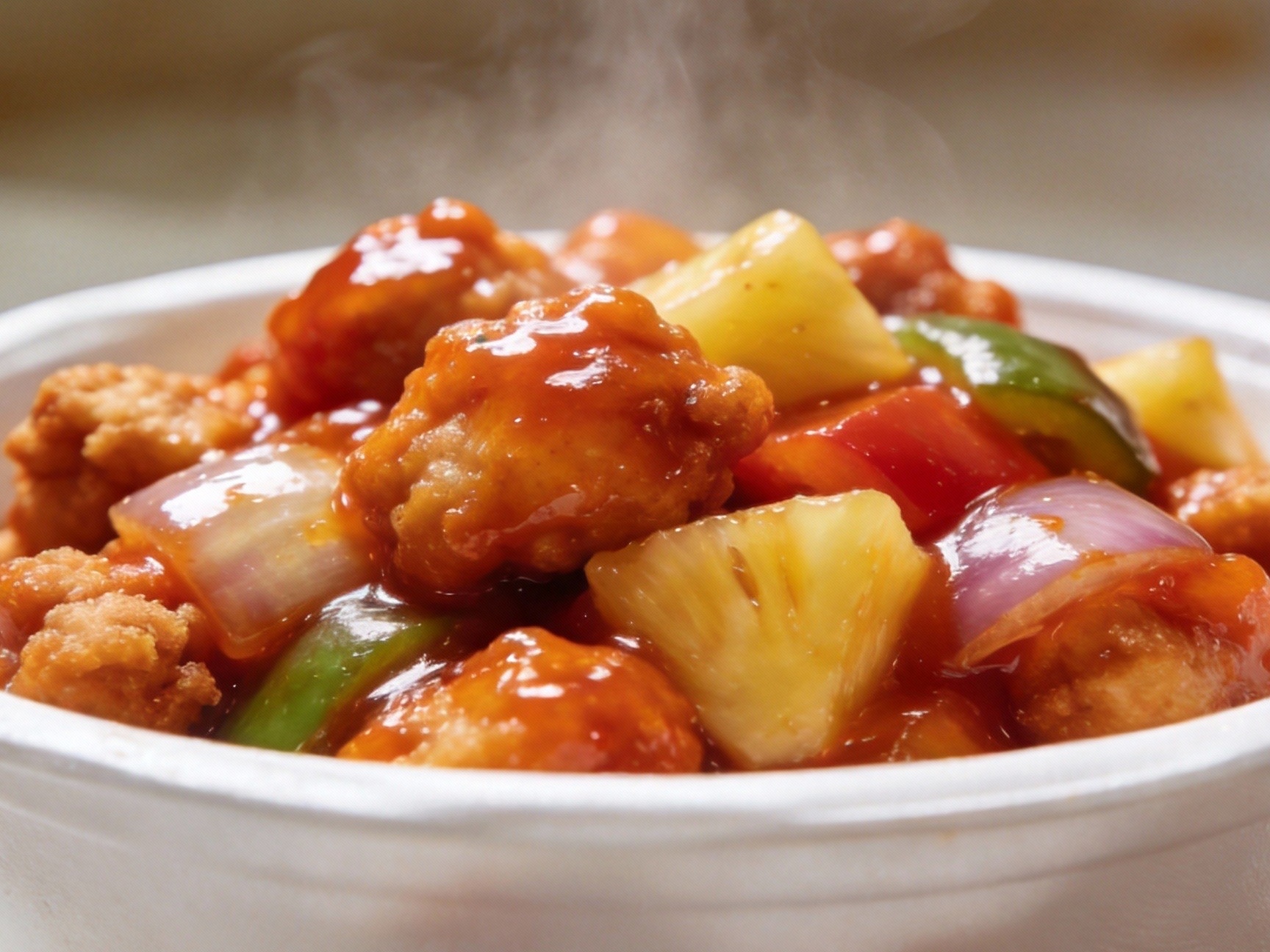 Sweet & sour chicken with pineapple and peppers in glossy sauce